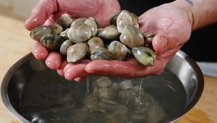 Nettoyer les palourdes : les faire tremper dans de l'eau très salée pendant 20 minutes (rincer et répéter 2-3 fois).