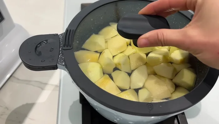 Préparation du jus de pomme: Couper les pommes en petits morceaux. Les faire bouillir pendant 15 minutes jusqu'à ce qu'elles soient translucides. Ajouter du sucre et du citron (facultatif). Mixer et réfrigérer.