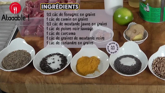 Préparer la marinade : faire chauffer du ghee et de l'huile neutre, puis y faire torréfier les épices (cumin, moutarde, coriandre, poivre sauvage).