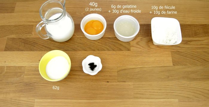 Préparer la crème diplomate : Faire tremper la gélatine dans de l'eau froide. Faire bouillir le lait avec la vanille et la moitié du sucre. Mélanger les jaunes d'œufs et le sucre restant. Ajouter la fécule et la farine. Verser la moitié du lait chaud sur ce mélange, bien mélanger, puis transvaser le tout dans la casserole. Cuire à feu moyen jusqu'à ébullition. Ajouter la gélatine fondue hors du feu. Verser la crème dans un plat, filmer au contact et réserver au réfrigérateur.