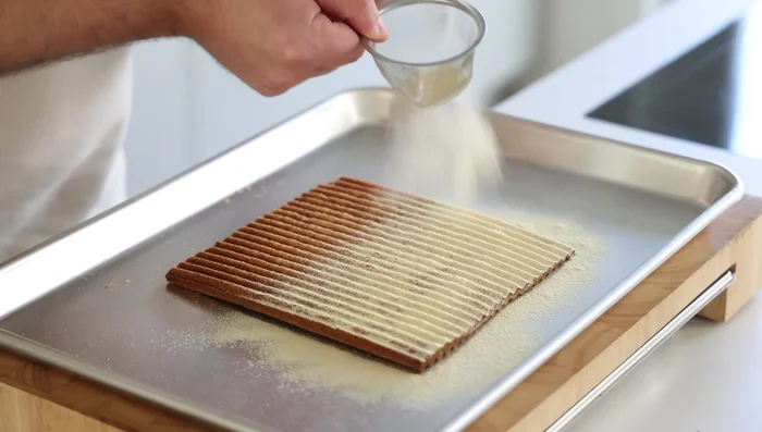 Préparation de la poudre de caramel : Caraméliser 150g de sucre et 75g d’eau. Étaler sur une feuille de silicone, laisser refroidir et mixer en poudre fine.