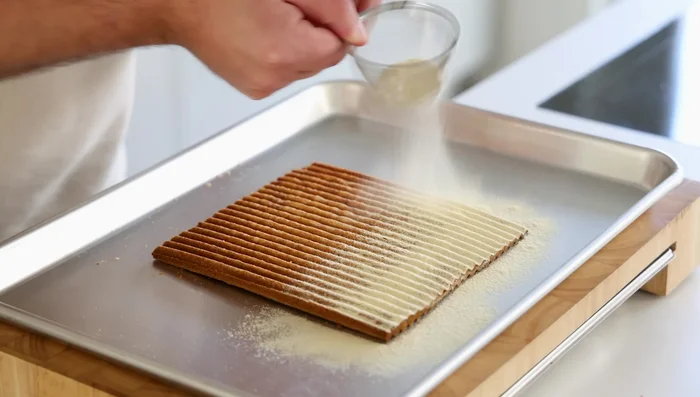 Caramélisation de la pâte feuilletée : Saupoudrer la pâte cuite de poudre de caramel et caraméliser pendant 5 minutes à 180°C. Laisser refroidir.