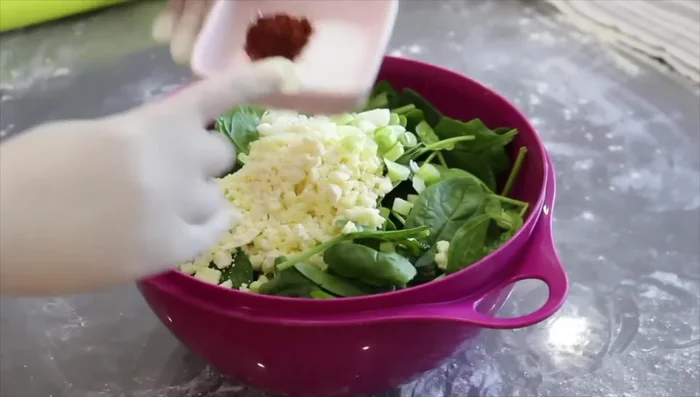 Préparer la farce : mélanger les épinards lavés, la mozzarella (facultatif), les oignons nouveaux ou un oignon haché, le sel, le poivre, le piment, le piment en paillettes et l'huile.