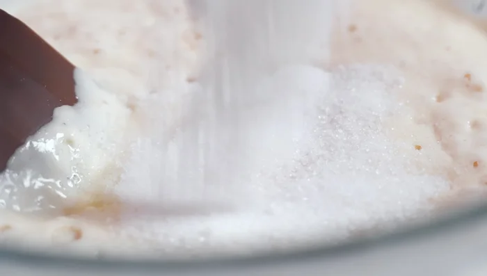Ajouter l'œuf, le reste du sucre, l'huile végétale, le sel et le reste de la farine au mélange. Pétrir la pâte pendant 5 minutes jusqu'à obtenir une consistance lisse et élastique. Si la pâte est trop collante, ajouter un peu de farine.