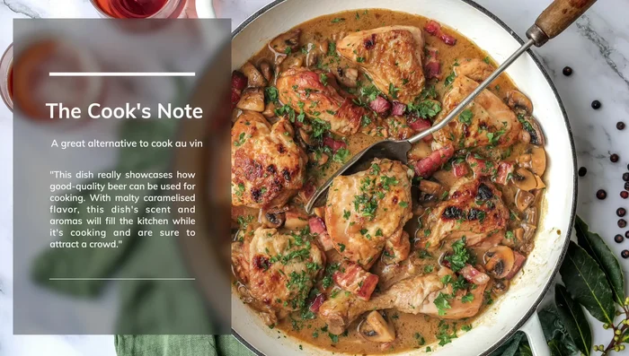 Servir le poulet avec la sauce, le bacon et les champignons. Garnir de persil. (805.32)