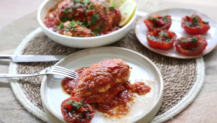 Servir le poulet à la tomate avec les tomates grillées.